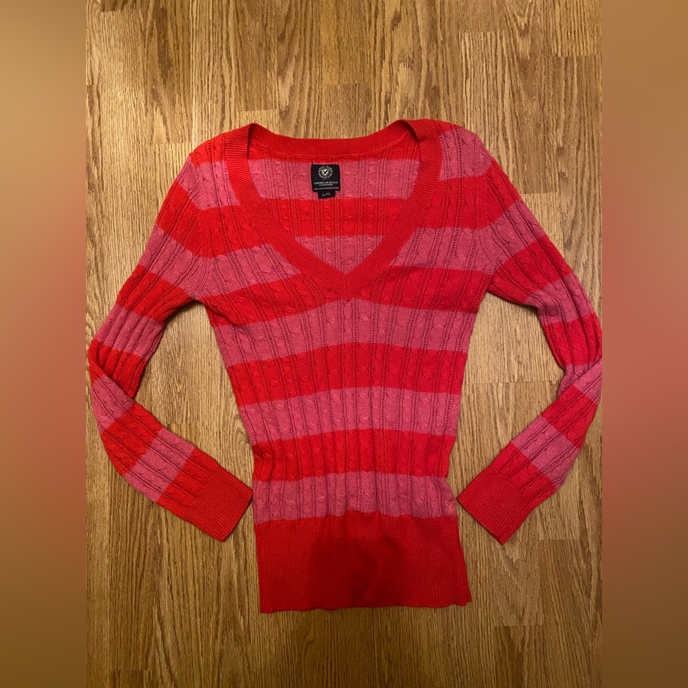 American Eagle Outfitters Red and Pink V-Neck Sweater